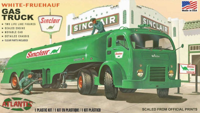 Plastic model kit of the 1/48 Vintage Gas Truck Sinclair with detachable trailer, detailed engine, and two figures for dioramas.