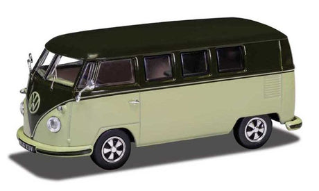 Corgi 1/43 VW Type 2 diecast model in green, showcasing classic Campervan design and intricate detailing for collectors.