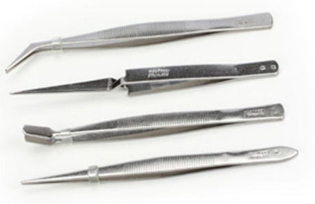 4-piece precision tweezer set in a pouch, including self-closing, slanted, pointed, and flat tweezers for various tasks.