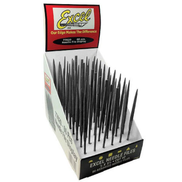 Detailed display of 60 assorted needle files, ideal for precision work in various hobbies and professional tasks.