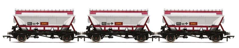 Three Hornby CDA Hopper Wagons in EWS livery, designed for model railways, showcasing detailed clay transport replicas.