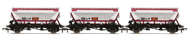 Three Hornby CDA Hopper Wagons in EWS livery, designed for model railways, showcasing detailed clay transport replicas.