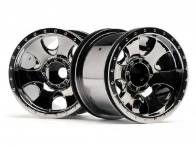 Black chrome 2.2" Warlock wheels for 1/10 RC cars, offering superior performance and style on any terrain.