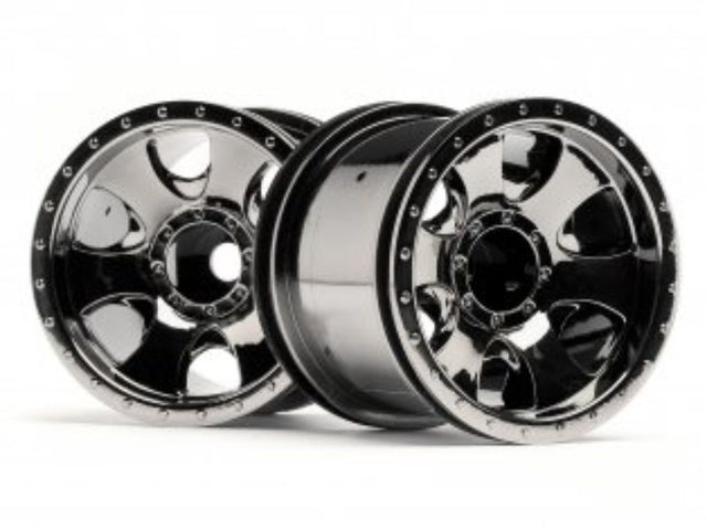 Black chrome 2.2" Warlock wheels for 1/10 RC cars, offering superior performance and style on any terrain.
