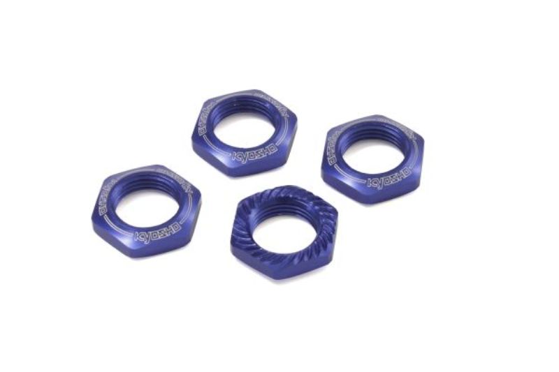 Blue serrated wheel nuts for Kyosho RC cars, enhancing grip and fit; pack of four for optimal performance.