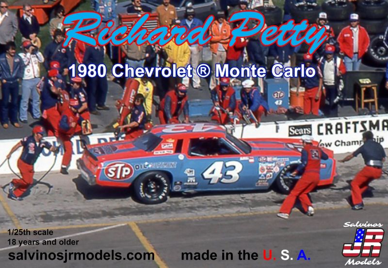 Detailed 1/25 scale plastic model kit of the iconic 1980 Chevrolet Monte Carlo #43 for car enthusiasts and model builders.