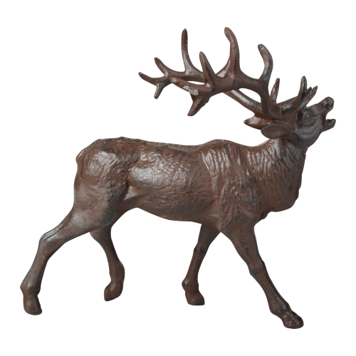 Set of 2 handmade cast iron deer ornaments, featuring intricate antlers and detailed craftsmanship, 23 x 14 cm and 17 x 13 cm.