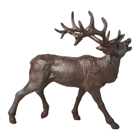 Set of 2 handmade cast iron deer ornaments, featuring intricate antlers and detailed craftsmanship, 23 x 14 cm and 17 x 13 cm.