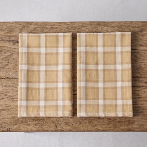 Cotton Tea Towels Maison Checks Ocre 40x70cm Pair - Baksana