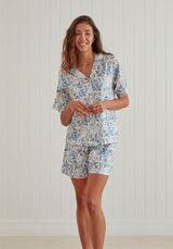 Lightweight Mediterranean patterned short pj set featuring a button-up top and elasticated shorts, made from OEKO-TEX® cotton.