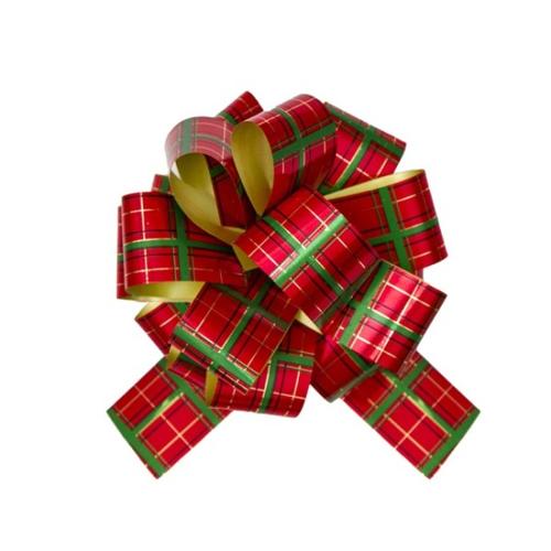 Ribbon Pull Bow Pom Pom Tartan Plaid Red Green Pack of 5 30mmx12.5cm