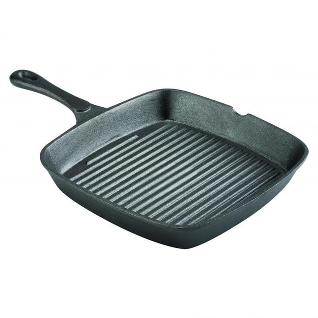 Pyrolux Pyrocast 25cm square grill pan, pre-seasoned cast iron for high heat retention, with ridges for perfect grilling.