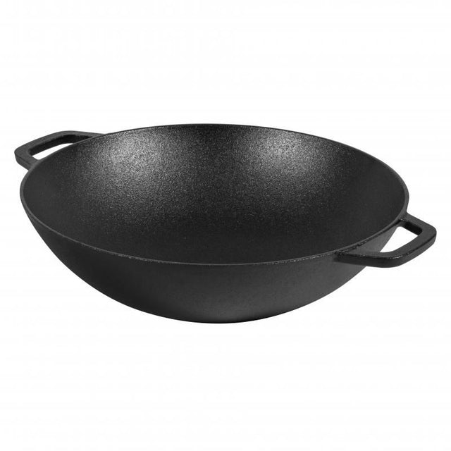 Cast iron Pyrolux Pyrocast Wok 37cm, pre-seasoned, versatile for all cooking surfaces and ideal for high-temp, outdoor use.