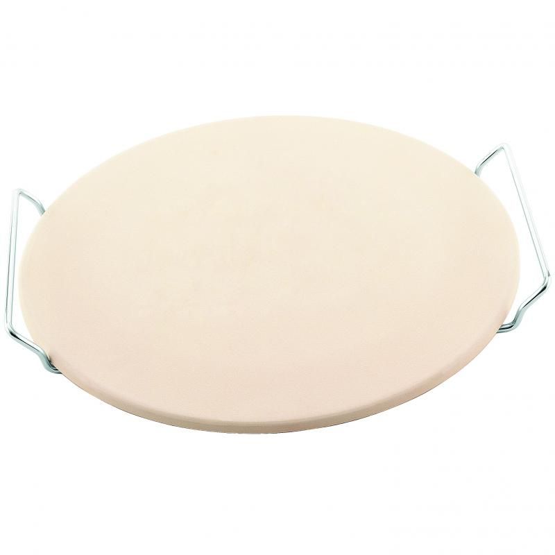 A 33cm Avanti pizza stone made of kiln-fired clay, featuring a stainless steel rack for easy serving and cleanup.