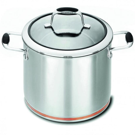 Scanpan Coppernox 24cm stock pot with copper base for even heating, tempered glass lid, and silicone handle for easy handling.