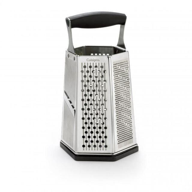 Cuisipro SGT 6-Sided Box Grater features sharp blades, multiple grating surfaces, and a non-slip handle for versatile kitchen use.