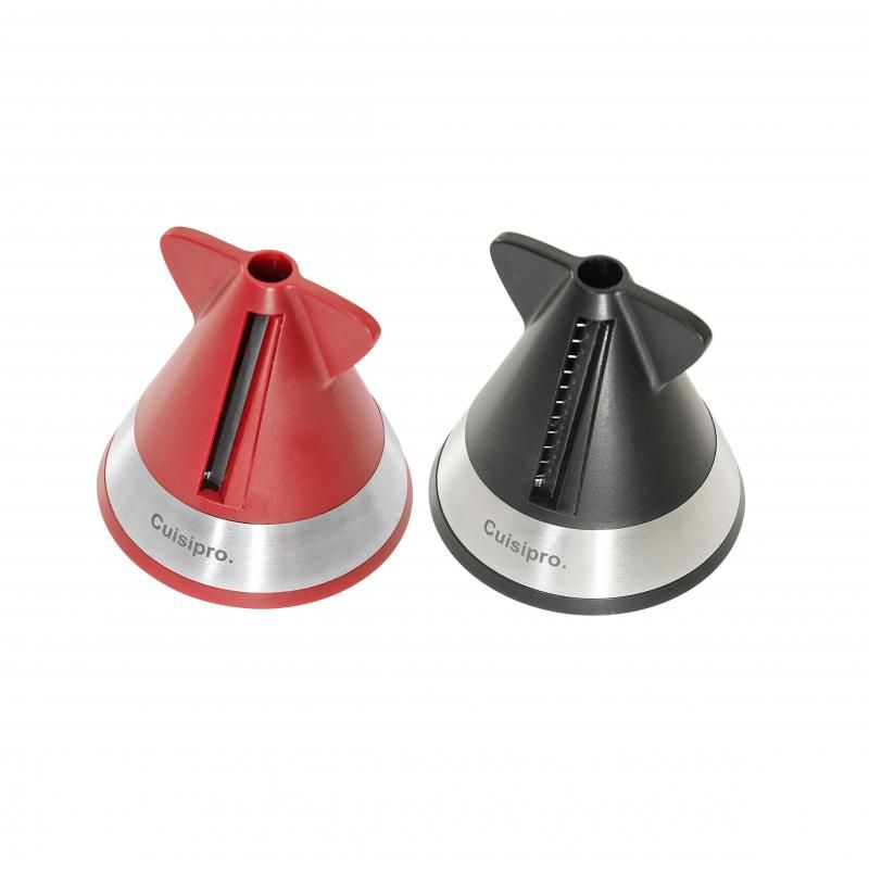 Cuisipro Spiral Cutter set in red and black, ergonomic, safe, compact tool for creating spiralized vegetables for healthy meals.