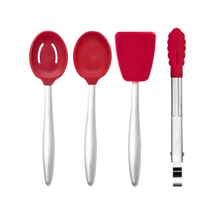 Cuisipro Piccolo 4-piece cooking set with red silicone tools for precision cooking and ergonomic non-slip handles.