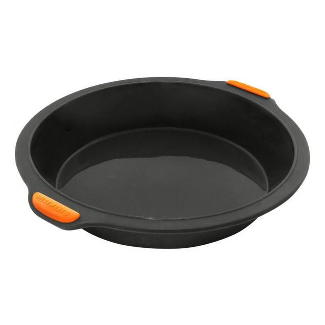 Bakemaster Silicone Round Cake Pan, 24x5cm, featuring non-stick, durable silicone and ergonomic handles for easy baking.