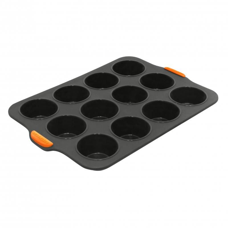 Bakemaster Silicone 12 Cup Muffin Pan with reinforced steel frame, easy grip handles, and flexible non-stick silicone design.