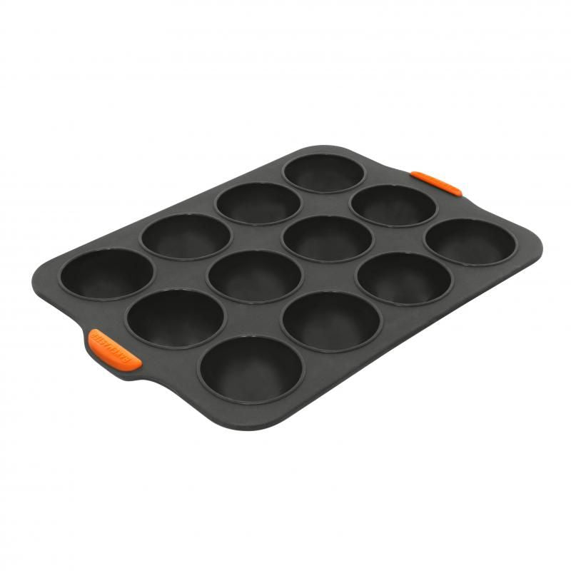 Bakemaster Silicone 12 Cup Dome Tray, flexible silicone, ergonomic handles, reinforced frame, ideal for jumbo muffins and treats.