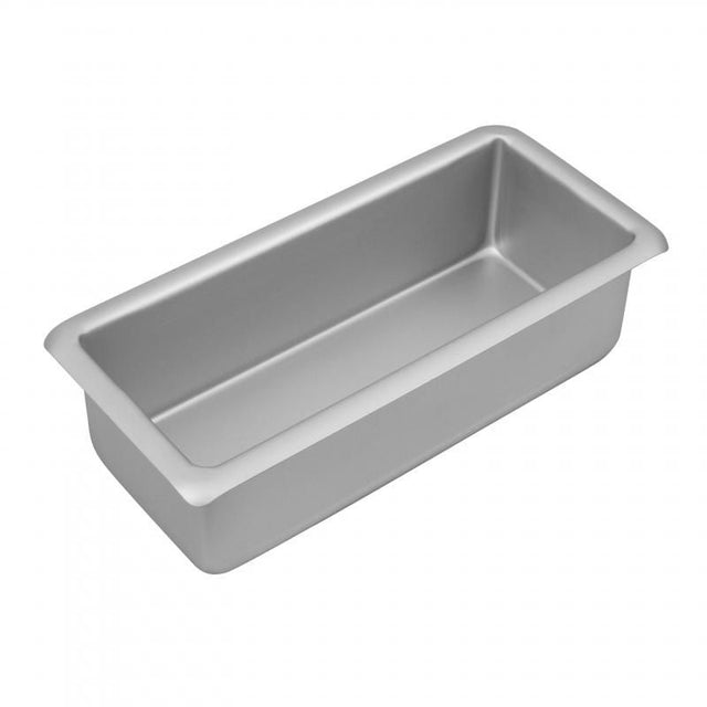 Lightweight silver anodised loaf pan for even baking, non-stick surface, measures 25.5x10x7.5cm, ideal for bread and cakes.