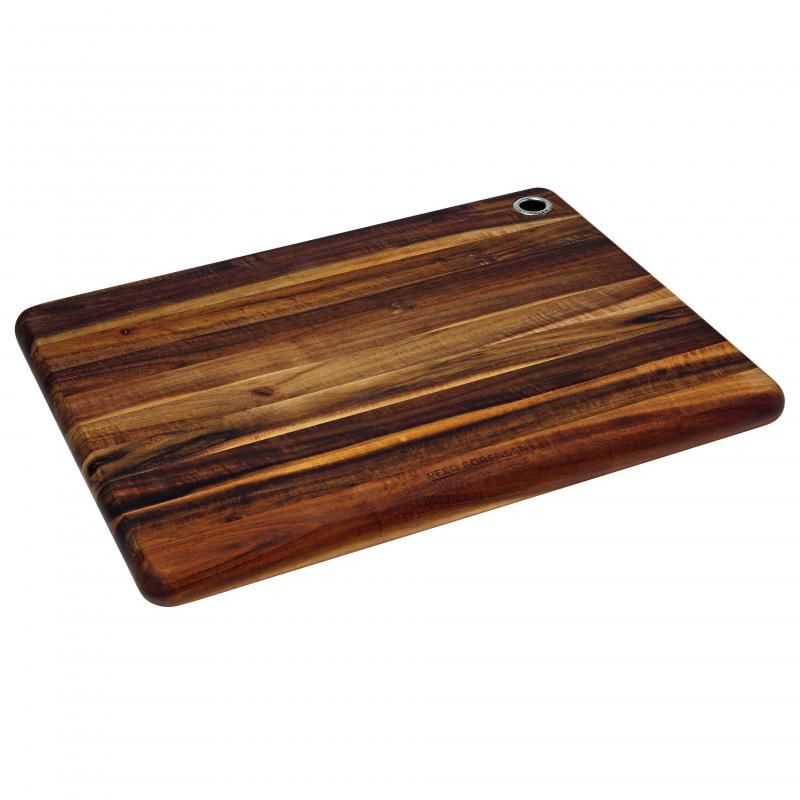 Long grain acacia wood cutting board with stainless steel loop, measuring 39 x 29 x 2.5 cm, ideal for chopping and serving.