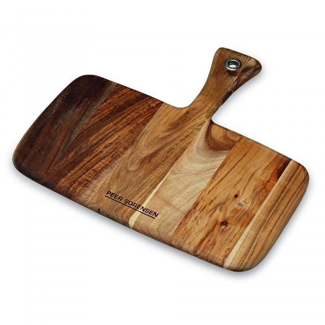 Stylish acacia wood serving board with paddle handle, perfect for appetizers and charcuterie, featuring unique grain and modern design.