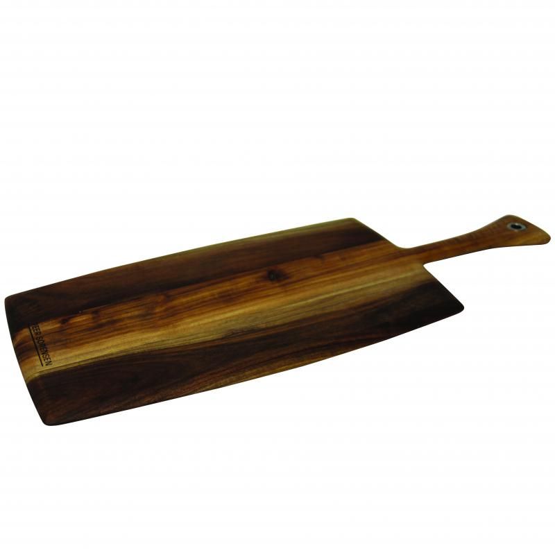 Rustic acacia wood paddle serving board, 76x25cm, perfect for cheese and charcuterie displays with natural antibacterial properties.