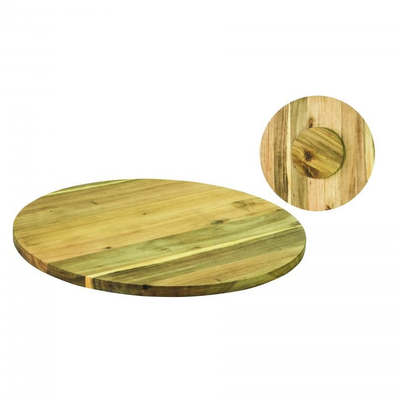 Acacia wood lazy susan, 45x1.7cm, rotates 360°, showcasing unique color variations, perfect for dining and serving.