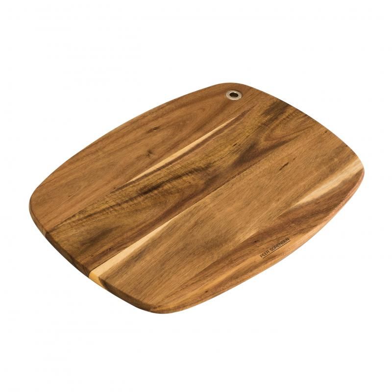 Curved acacia wood chopping board 37x27cm, featuring unique grain patterns, lightweight design, and hanging loop for storage.