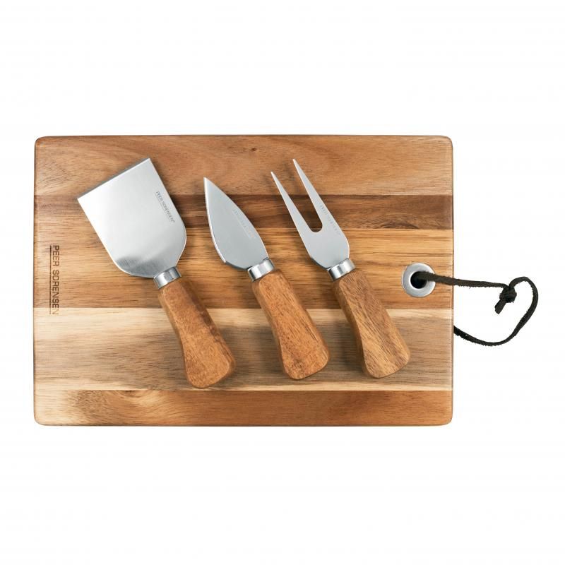 Peer Sorensen's brown acacia wood cheese board with 3 stainless steel knives, perfect for serving and entertaining.