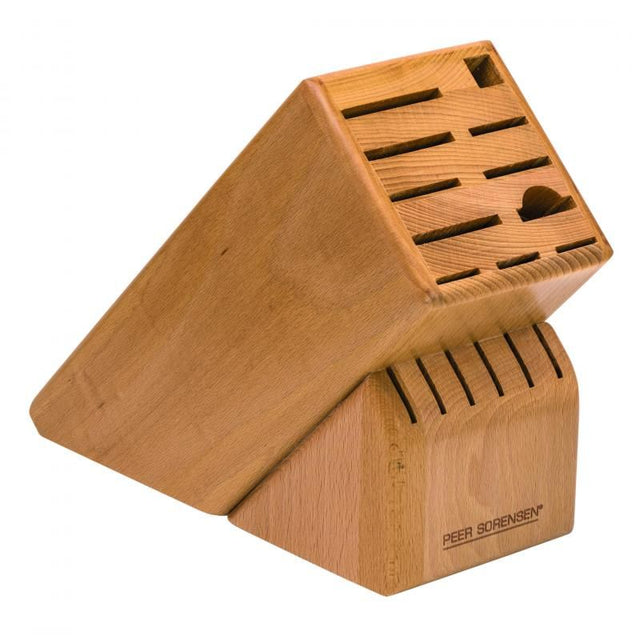 Beechwood knife block with 17 slots, stylishly organizing kitchen knives and tools while minimizing blade wear.