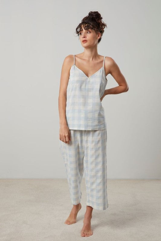 Blue and white check cami and capri PJ set with adjustable straps and elastic waistband, made from cotton and flax.