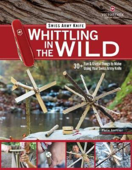 "Guidebook for whittling enthusiasts with 30+ projects using a Swiss Army knife, featuring high-quality photos and QR codes."