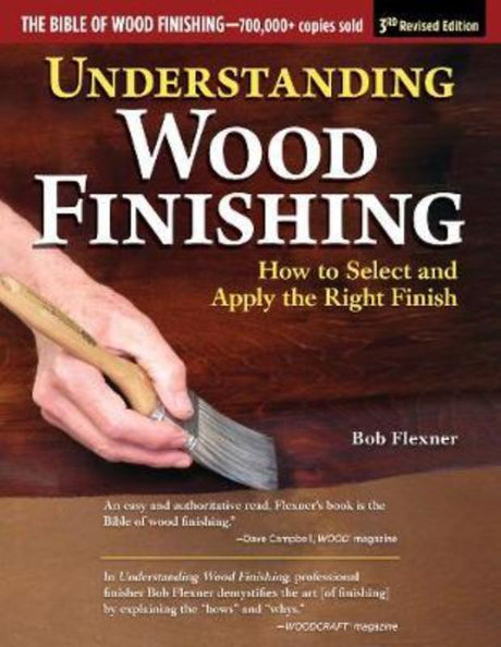 Detailed guide on wood finishing techniques, featuring 320 pages of expert insights and troubleshooting tables.