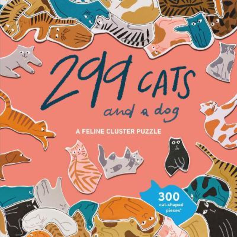 A 300-piece jigsaw puzzle featuring unique cat-shaped pieces and one dog, designed for puzzlers and pet lovers.