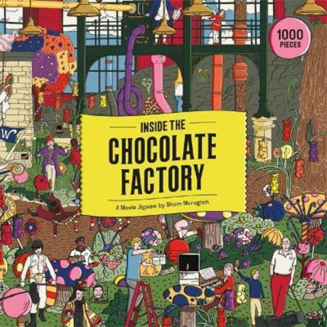 Colorful 1000-piece jigsaw puzzle featuring whimsical scenes from Willy Wonka's chocolate factory and beloved characters.