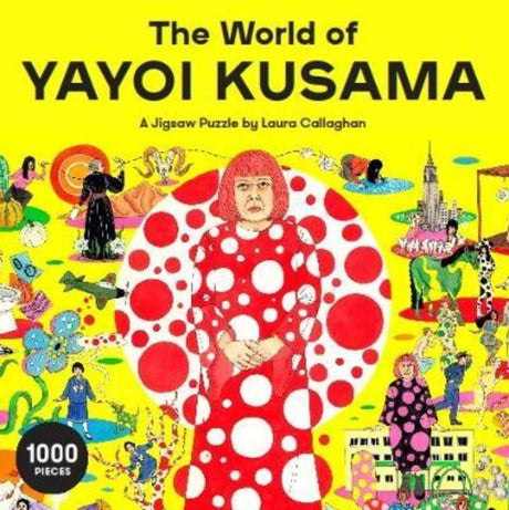 Colorful 1000-piece jigsaw puzzle of Yayoi Kusama's art, featuring iconic figures and intricate illustrations by Laura Callaghan.