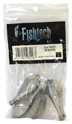 Pack of 4 Fishtech Reef Sinkers, 2oz each, ideal for stable fishing in rocky or turbulent waters.