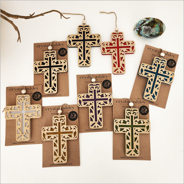 Hanging Ornament - Cross 10 Kowhaiwhai 1 (Yellow Satin Acrylic)