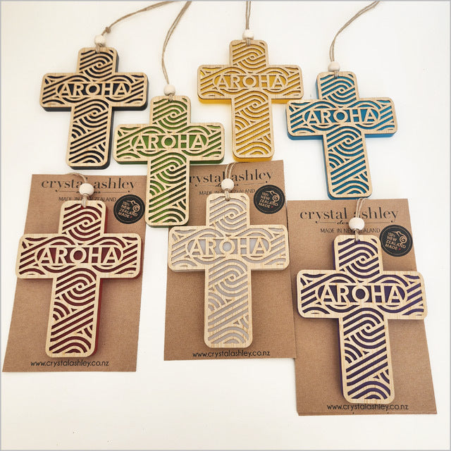 Hanging Ornament - Cross 12 Aroha 2 (White Satin Acrylic)