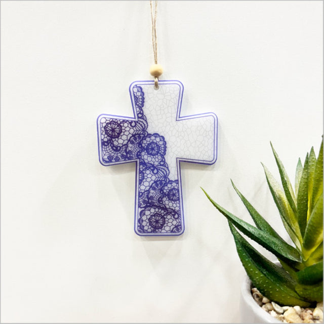 Lace-inspired hanging cross ornament made of 6mm thick satin acrylic, perfect for home decor or as a thoughtful gift.