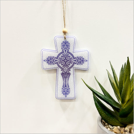 Satin acrylic hanging cross ornament with intricate laser-cut design, perfect for holiday decor and meaningful gifts.