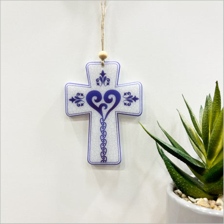 Beautiful satin acrylic hanging cross ornament with heart design, perfect for home decor and meaningful gifts.