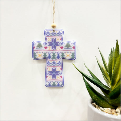 Satin acrylic hanging ornament printed cross, 89mm x 118mm, beautifully detailed and ideal for holiday gifting.