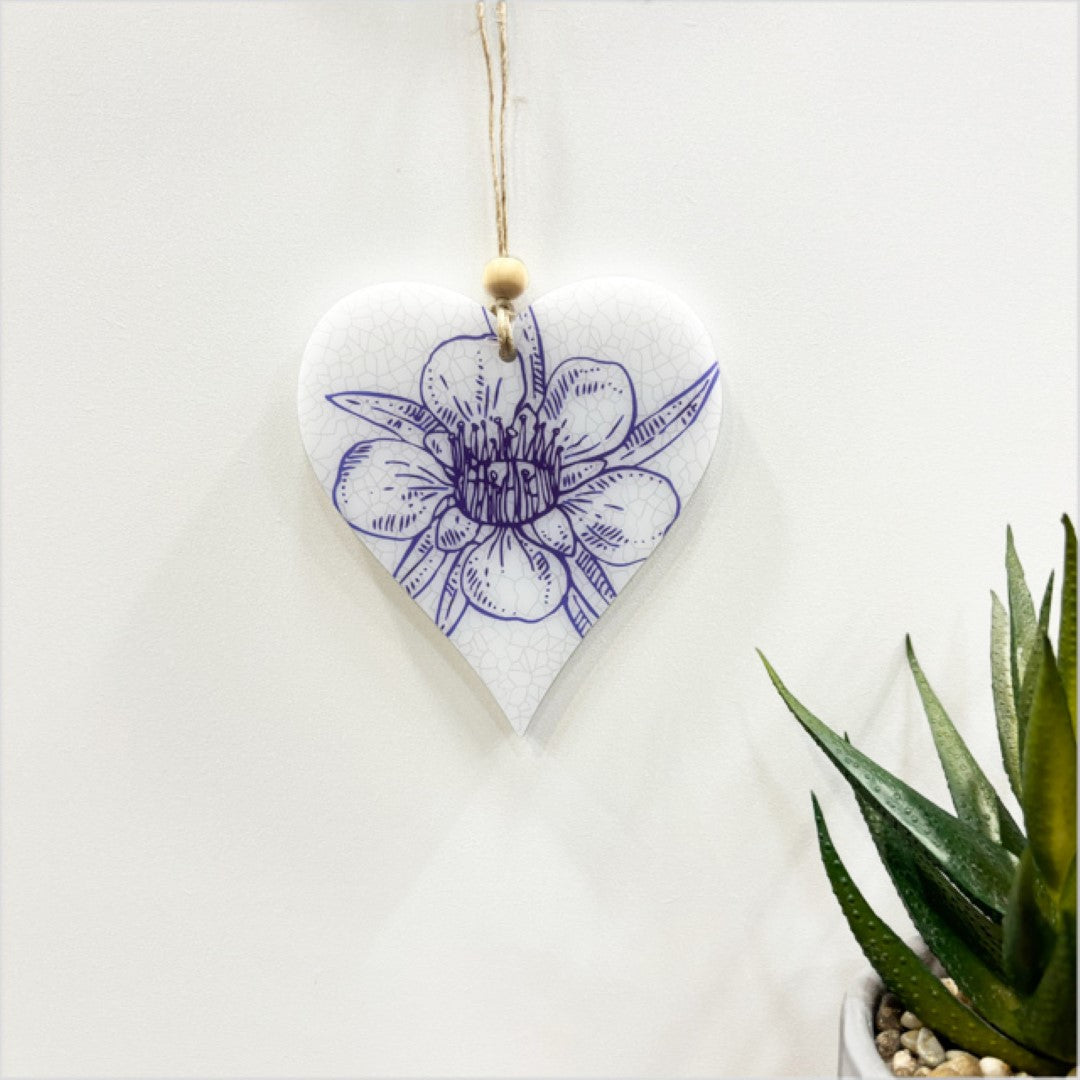 Printed heart hanging ornament in satin acrylic, 95mm x 105mm, ready-to-hang decor for any occasion or gifting.