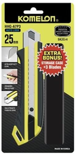 Snap-Off Knife Hi-Vis Non-Slip Grip 25mm Plus Bonus 3 Blades/Case HHG-A7P3