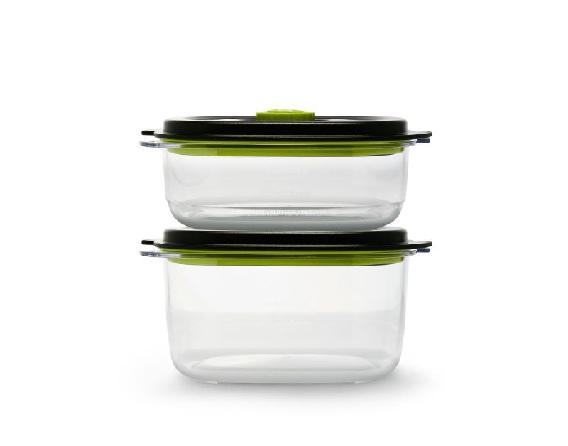 Set of 2 BPA-free FoodSaver containers for marinating and preserving food, featuring airtight, leakproof design and stackable storage.