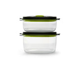 Set of 2 BPA-free FoodSaver containers for marinating and preserving food, featuring airtight, leakproof design and stackable storage.